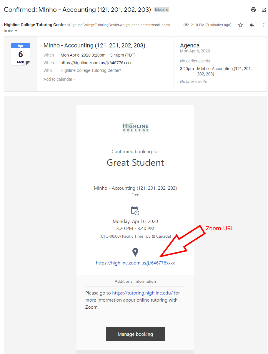 Screenshot of Highline College Tutoring Center appointment confirmation email with a red arrow pointing to the Zoom URL in the email message.