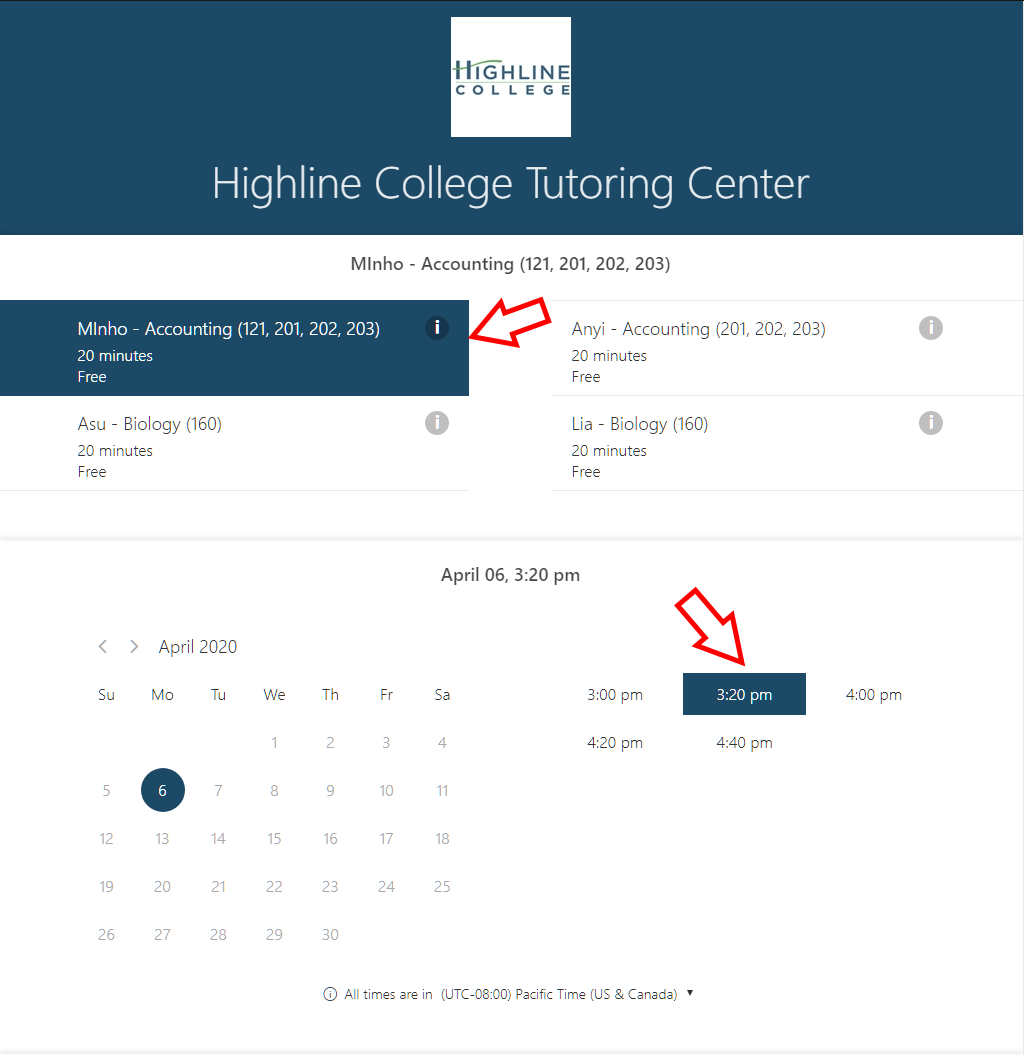 Screenshot of Highline College Tutoring Center Bookings page with red arrows pointing to a tutor's name and a available time