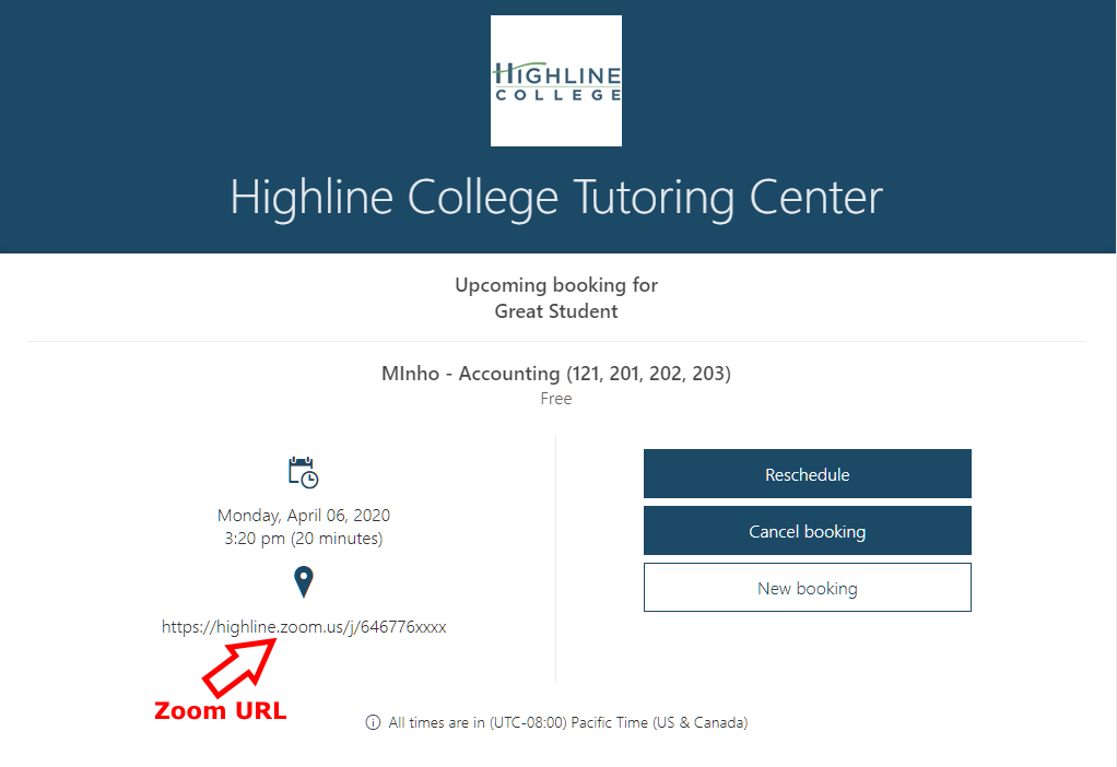 Screenshot of Highline College Tutoring Center appointment confirmation page with a red arrow and red text saying 