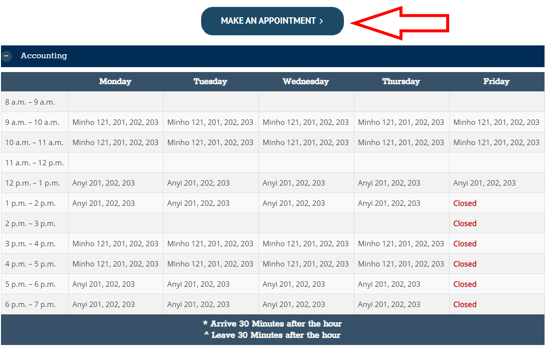 Screenshot of tutor schedule with a red arrow pointing to the 