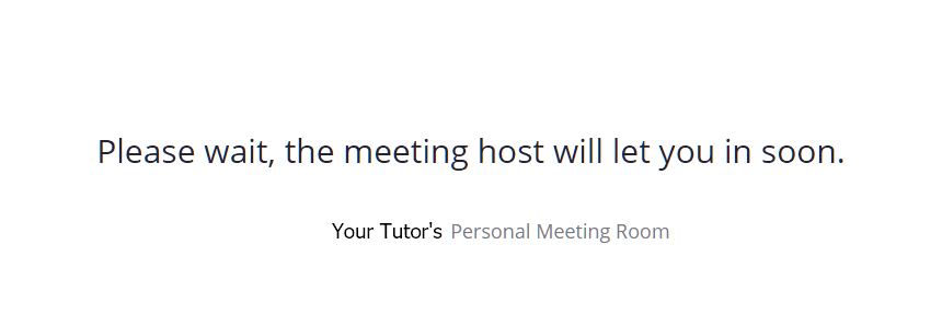 Screenshot of Zoom waiting room message, "Please wait, the meeting host will let you in soon".